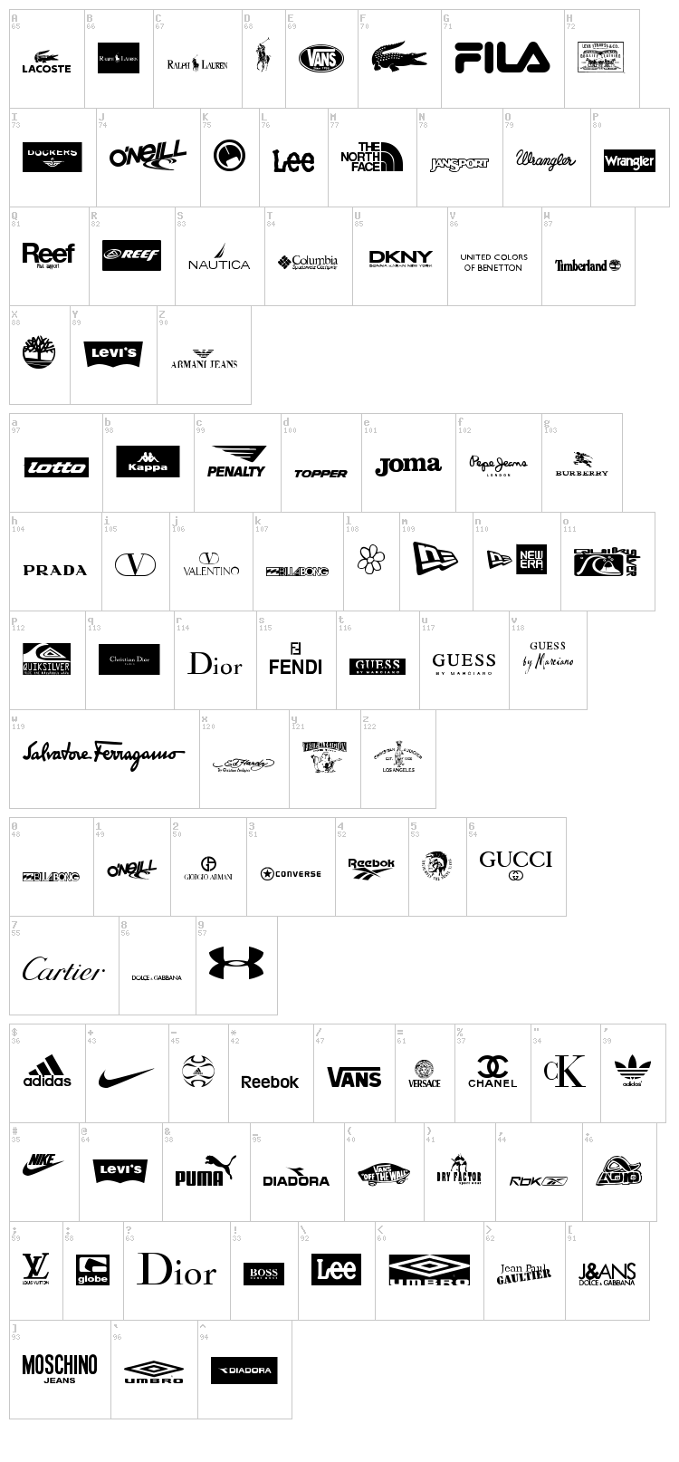 Clothing Logos TFB font map